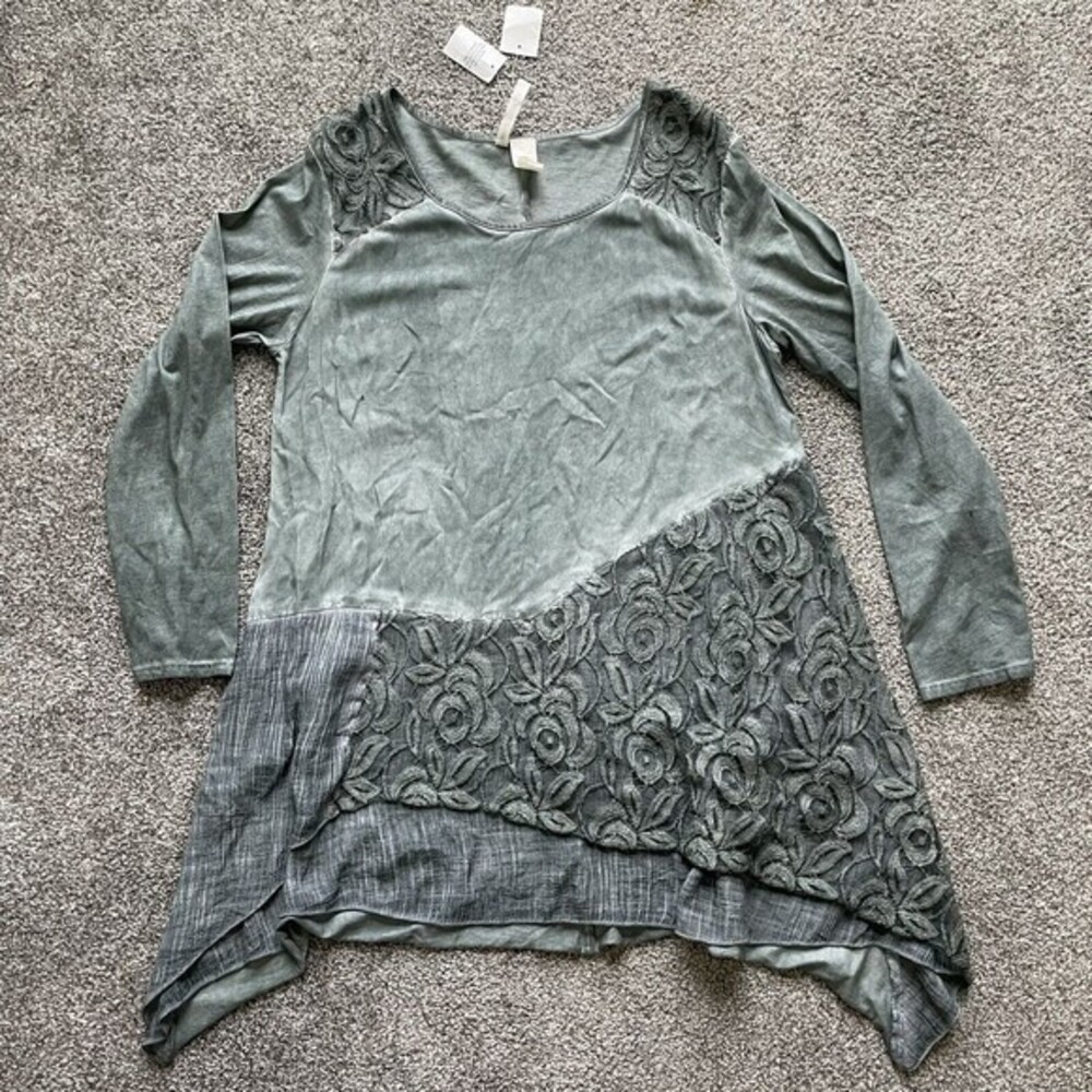 Forgotten Grace Tunic Top Womens XXL Teal Green Mixed Media Crochet Lace Shirt